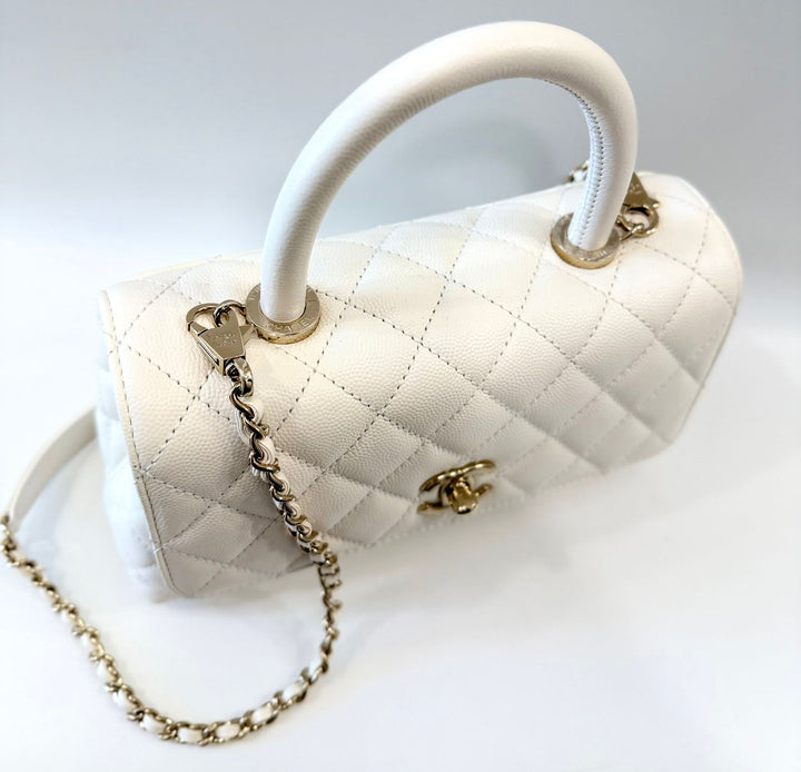 CHANEL CC CAVIAR QUILTED SMALL COCO HANDLE FLAP BAG IN WHITE