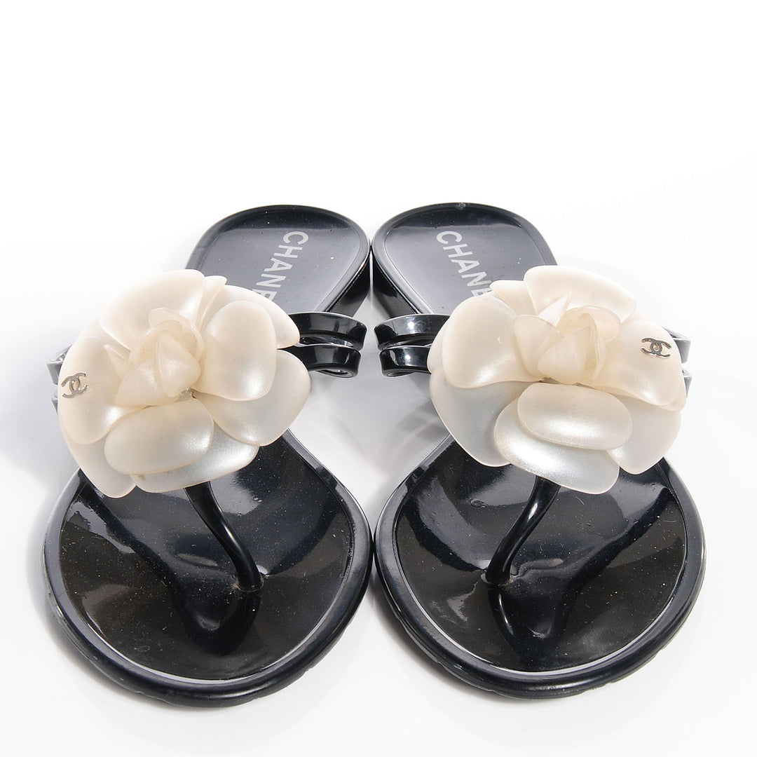CHANEL CC JELLY CAMELLIA THONG SANDALS