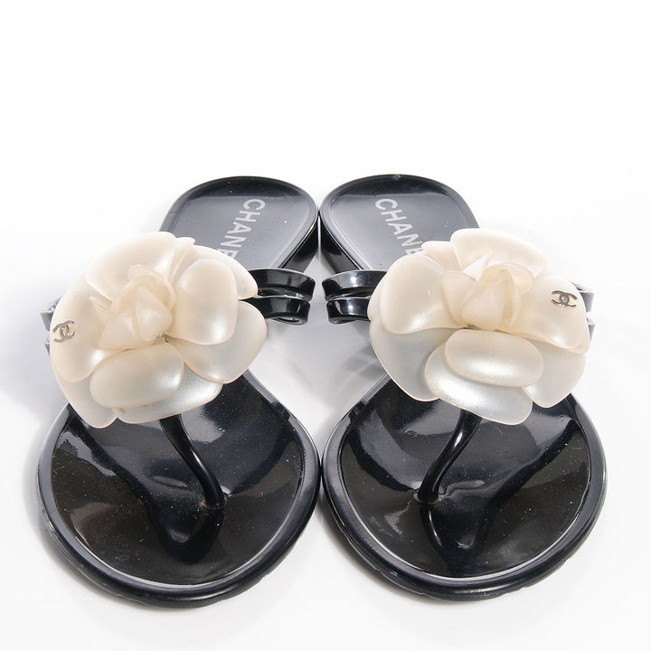 CHANEL CC JELLY CAMELLIA THONG SANDALS
