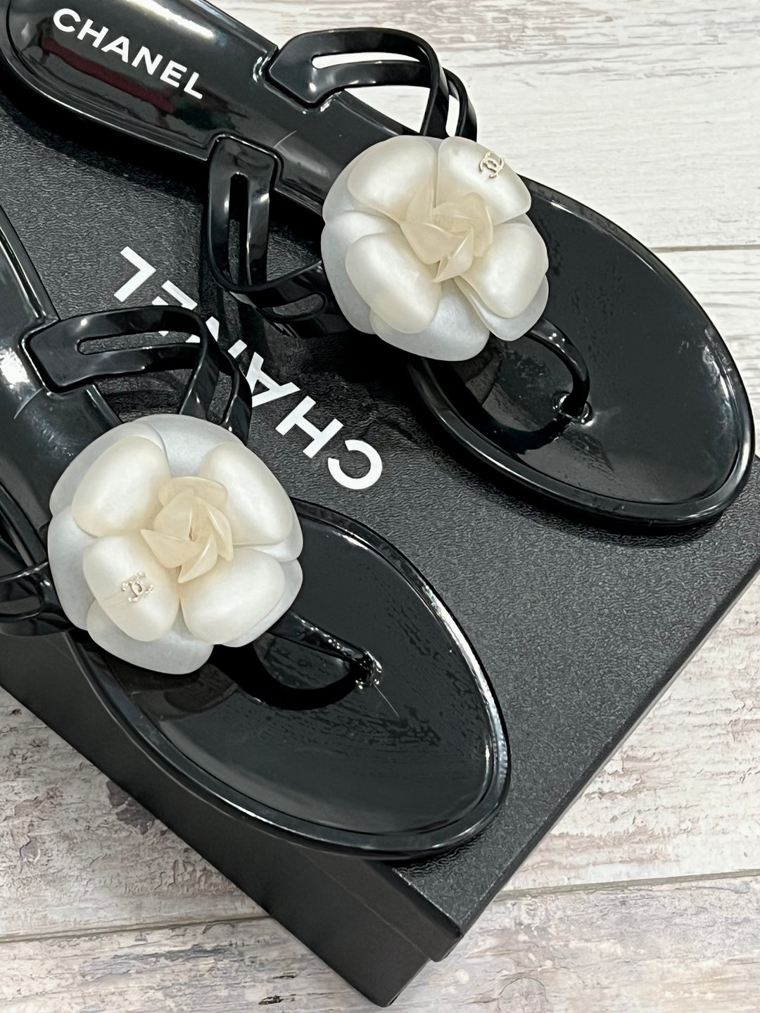CHANEL CC JELLY CAMELLIA THONG SANDALS