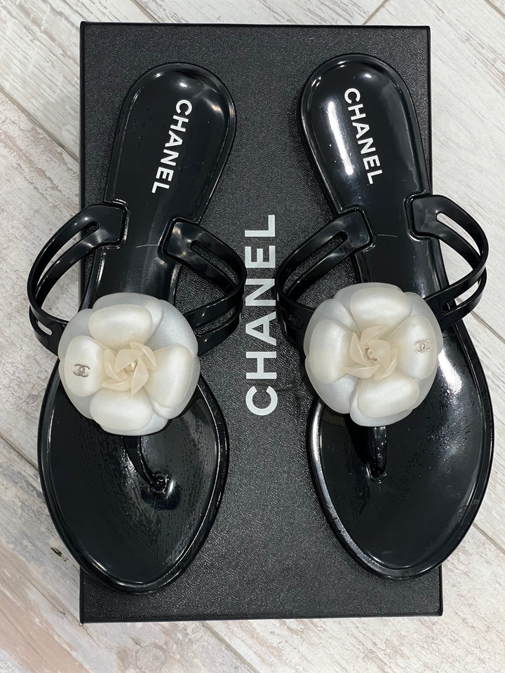 CHANEL CC JELLY CAMELLIA THONG SANDALS