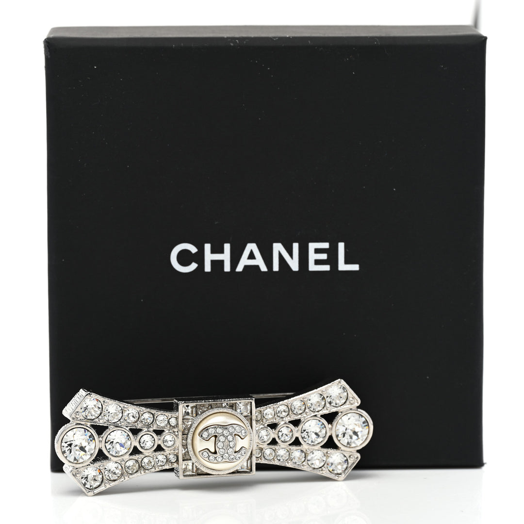 CHANEL CC LOGO CRYSTAL BOW BROOCH HAIR PIN
