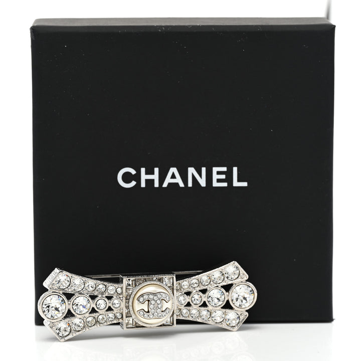 CHANEL CC LOGO CRYSTAL BOW BROOCH HAIR PIN