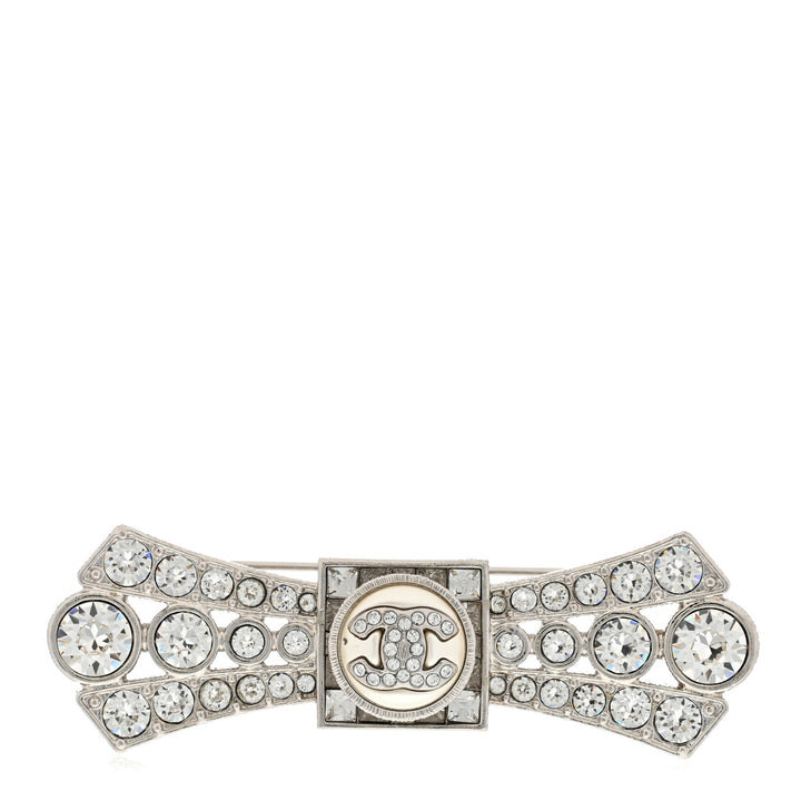 CHANEL CC LOGO CRYSTAL BOW BROOCH HAIR PIN
