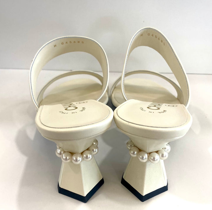 CHANEL CC FAUX PEARL EMBELLISHED HEEL MULE SANDALS