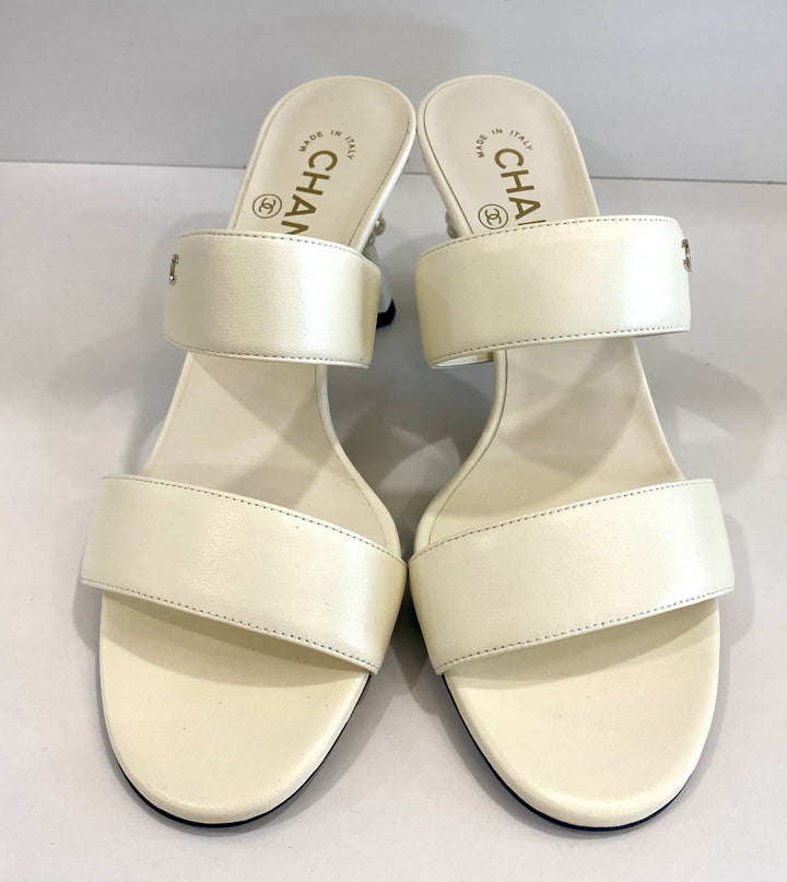 CHANEL CC FAUX PEARL EMBELLISHED HEEL MULE SANDALS