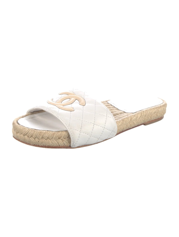 CHANEL CC LOGO LAMBSKIN LEATHER ESPADRILLE MULES