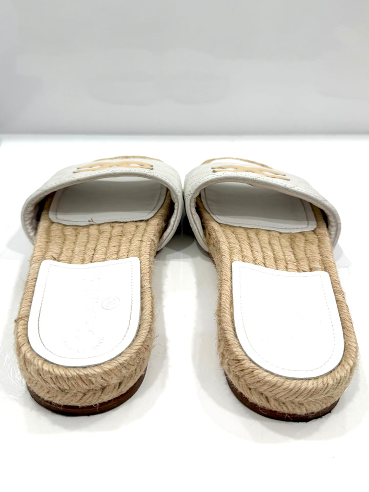 CHANEL CC LOGO LAMBSKIN LEATHER ESPADRILLE MULES
