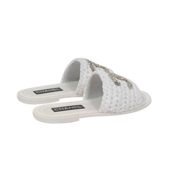 CHANEL CC CRYSTAL LOGO RAFFIA STRASS SANDALS MULES