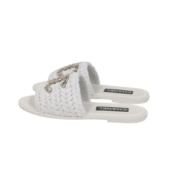 CHANEL CC CRYSTAL LOGO RAFFIA STRASS SANDALS MULES