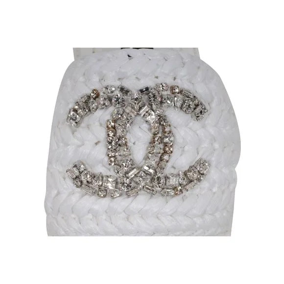 CHANEL CC CRYSTAL LOGO RAFFIA STRASS SANDALS MULES