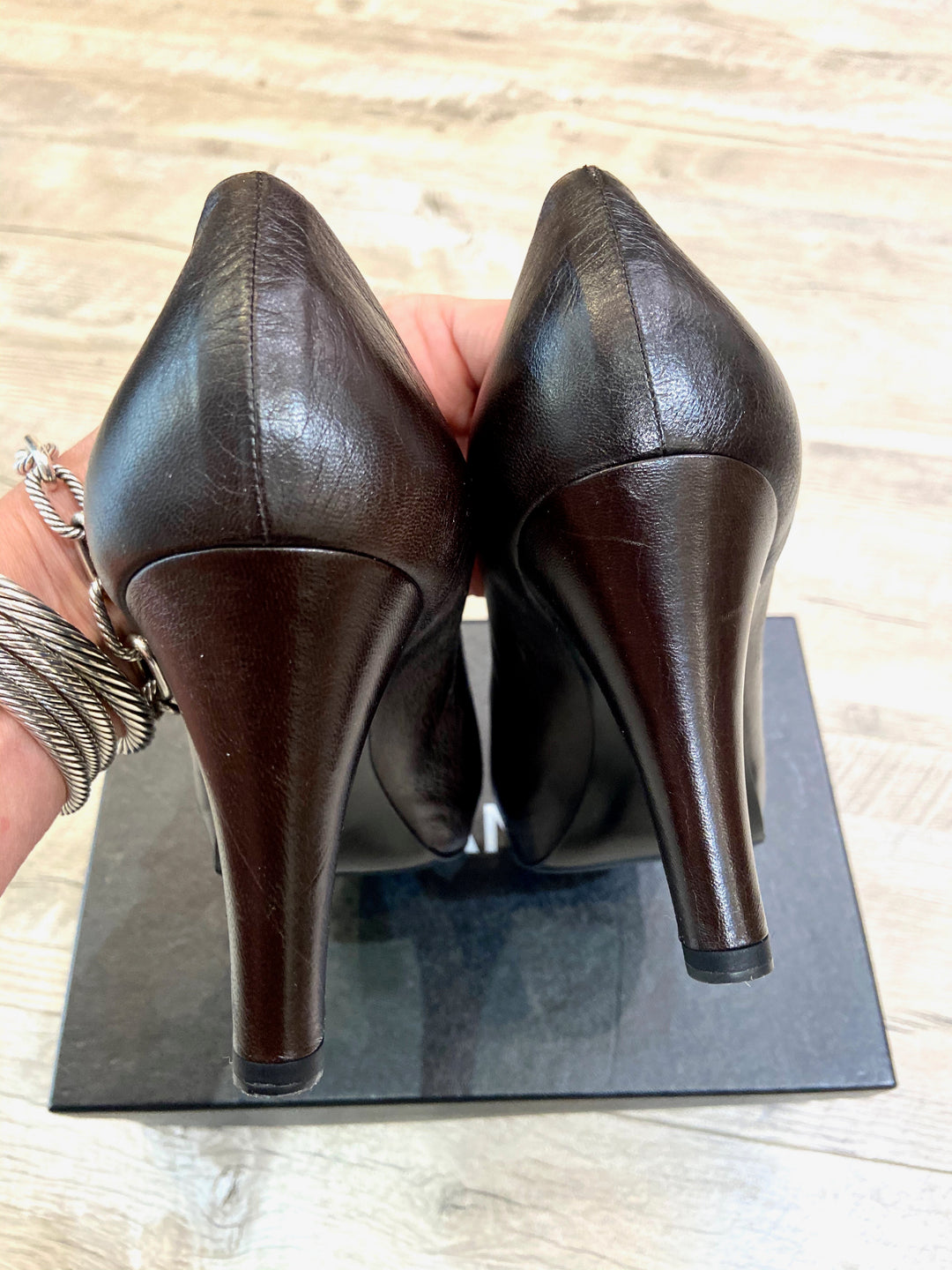 CHANEL CC CALFSKIN LEATHER PEEP TOE PUMPS
