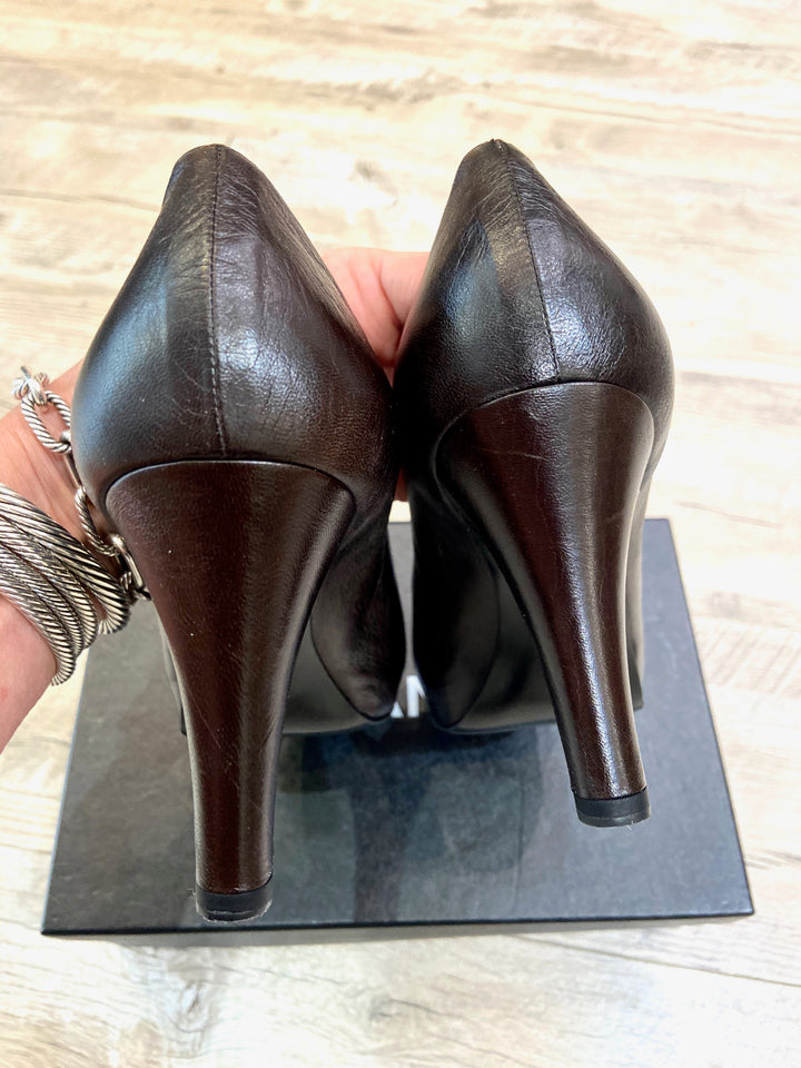 CHANEL CC CALFSKIN LEATHER PEEP TOE PUMPS
