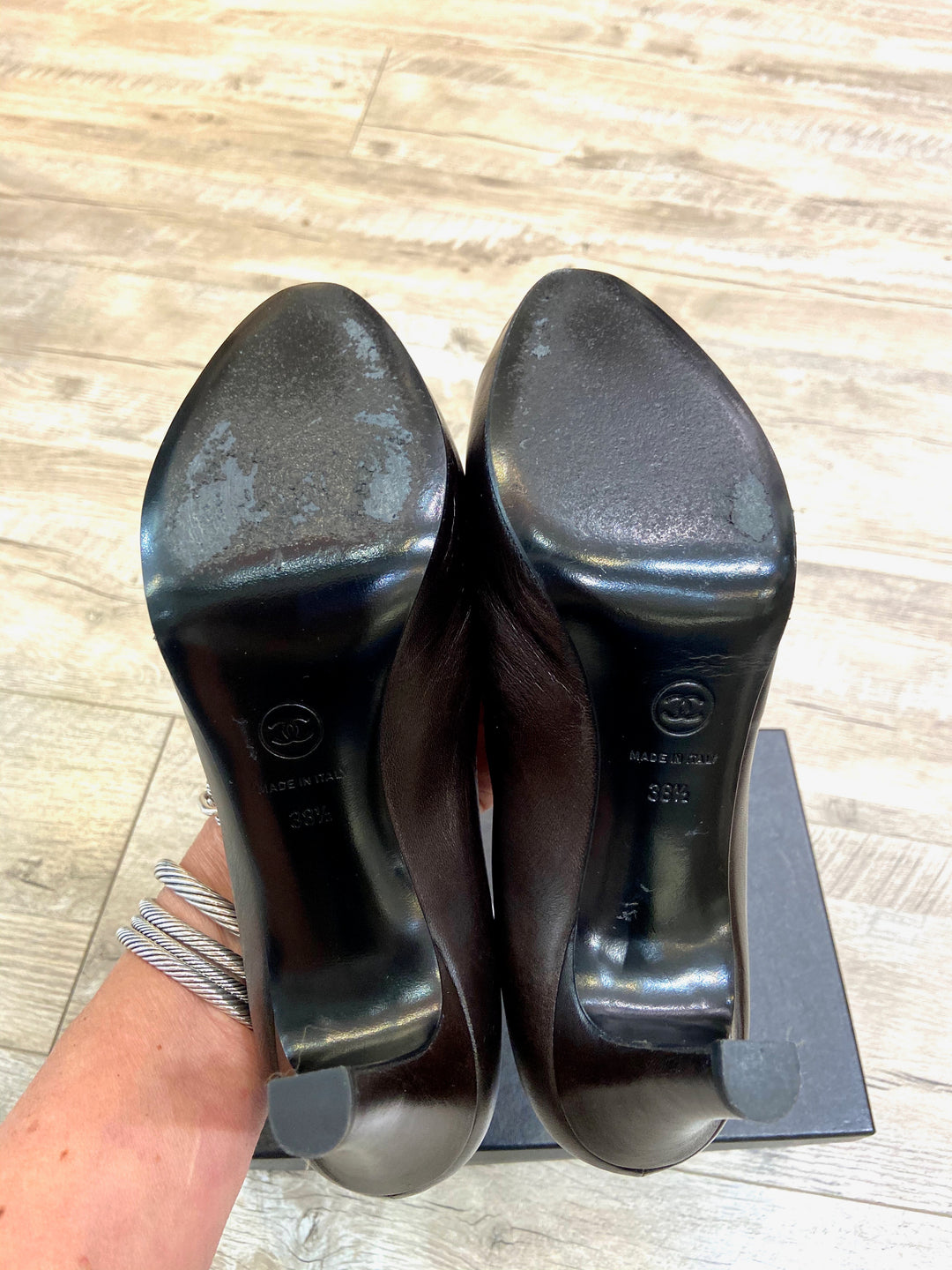 CHANEL CC CALFSKIN LEATHER PEEP TOE PUMPS