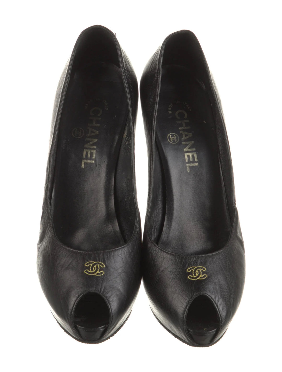 CHANEL CC CALFSKIN LEATHER PEEP TOE PUMPS