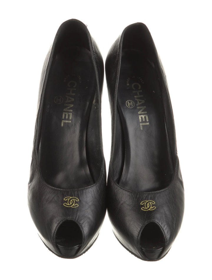 CHANEL CC CALFSKIN LEATHER PEEP TOE PUMPS
