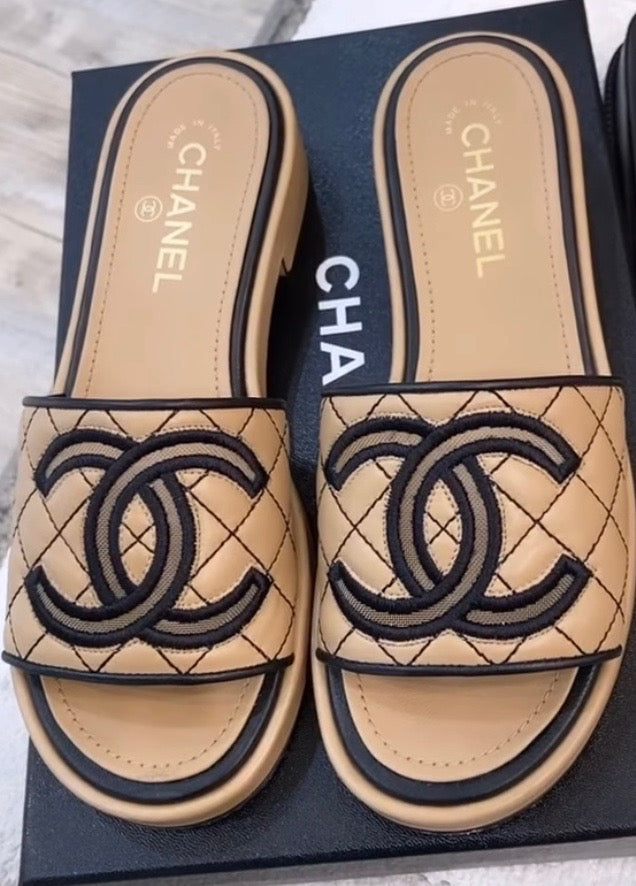 CHANEL CC QUILTED LAMBSKIN LEATHER MULES