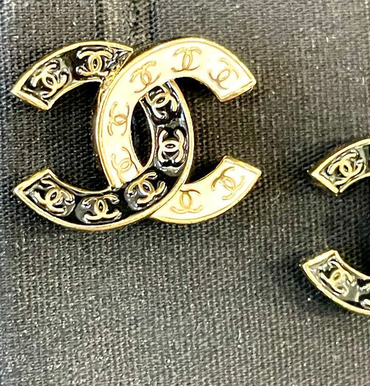CHANEL CC GOLD TONE &amp; ENAMEL STUD EARRINGS