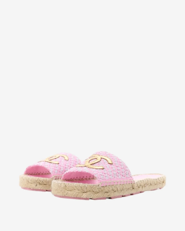 CHANEL INTERLOCKING CC LOGO TWEED ESPADRILLE MULES