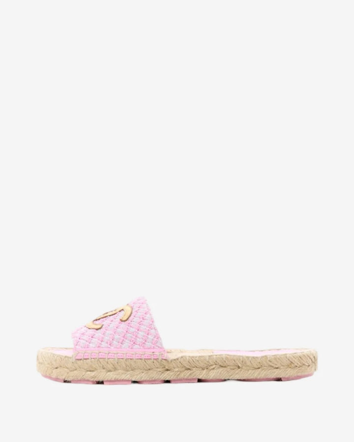 CHANEL INTERLOCKING CC LOGO TWEED ESPADRILLE MULES