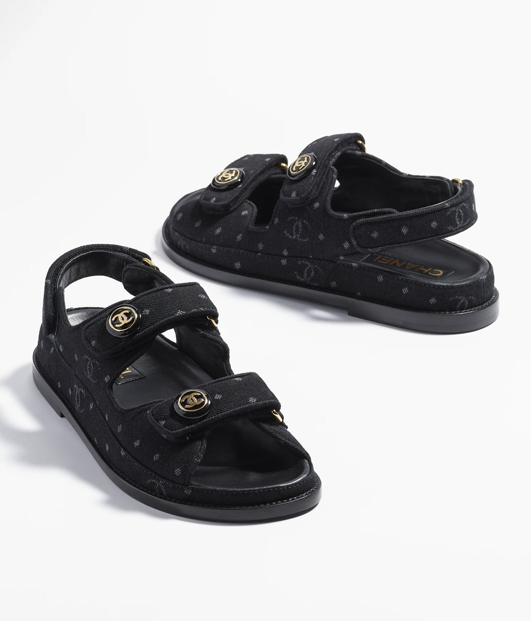 CHANEL CC VELCRO PRINTED DENIM SANDALS