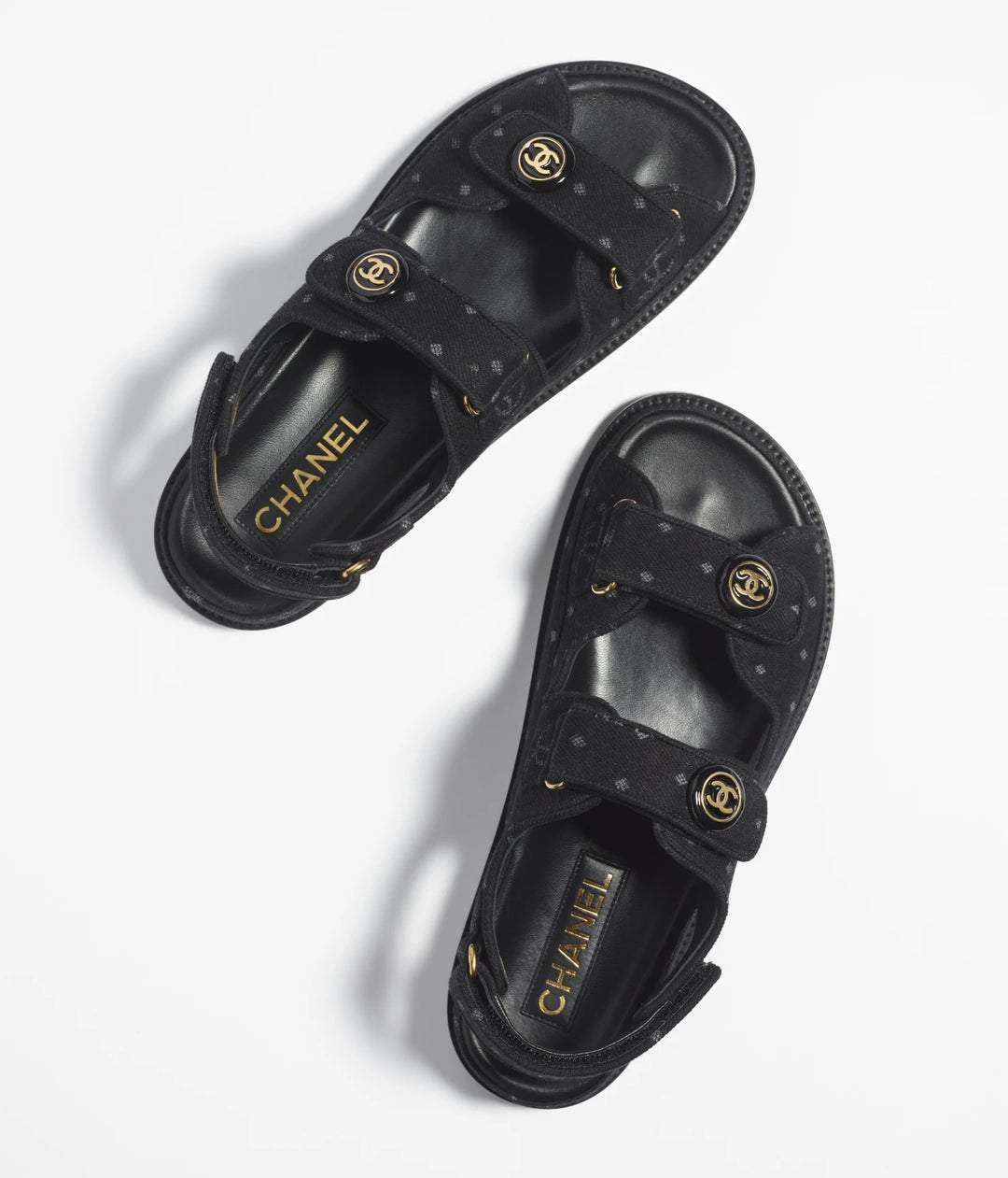 CHANEL CC VELCRO PRINTED DENIM SANDALS