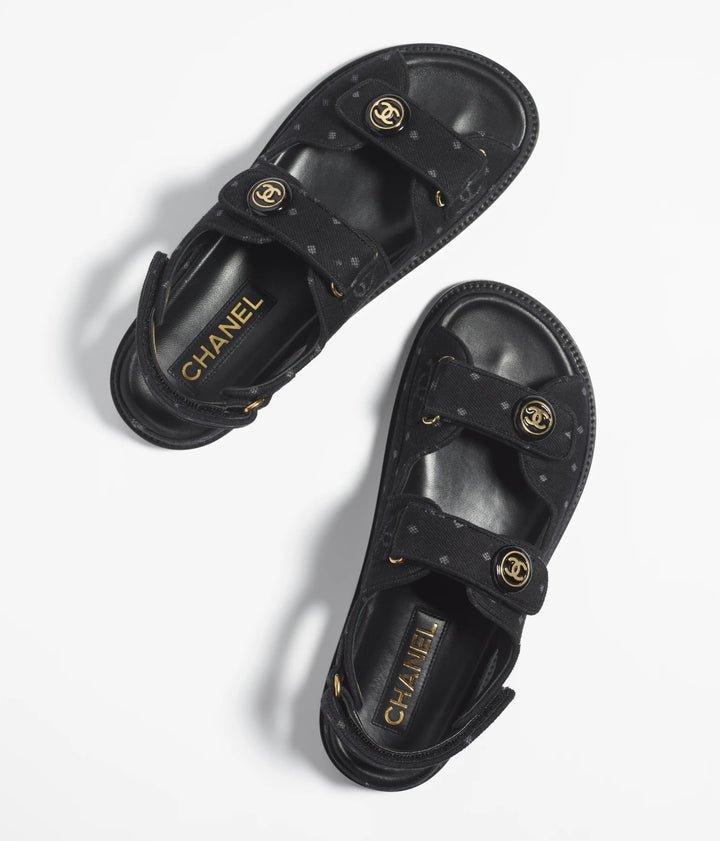 CHANEL CC VELCRO PRINTED DENIM SANDALS