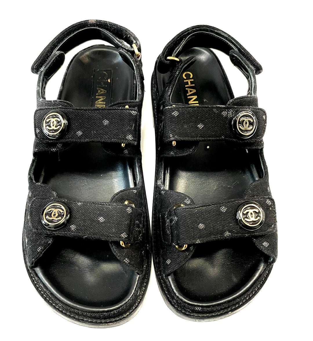 CHANEL CC VELCRO PRINTED DENIM SANDALS