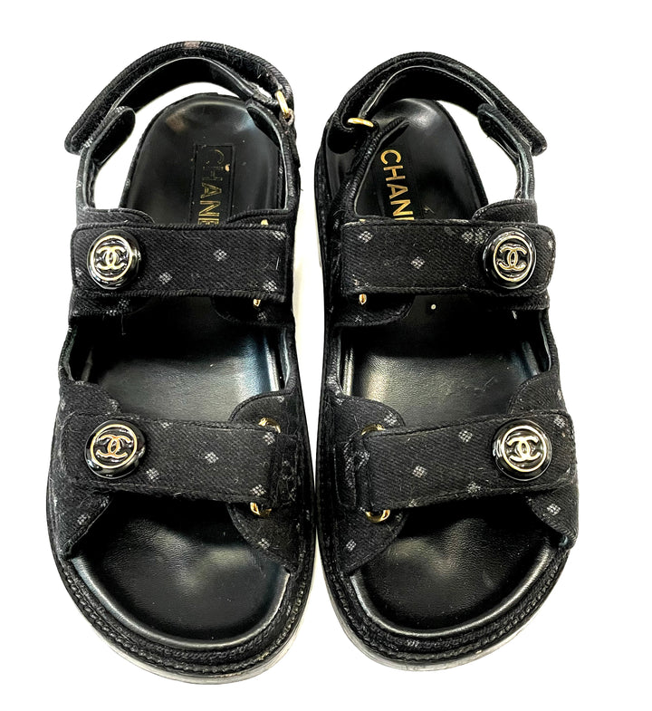 CHANEL CC VELCRO PRINTED DENIM SANDALS