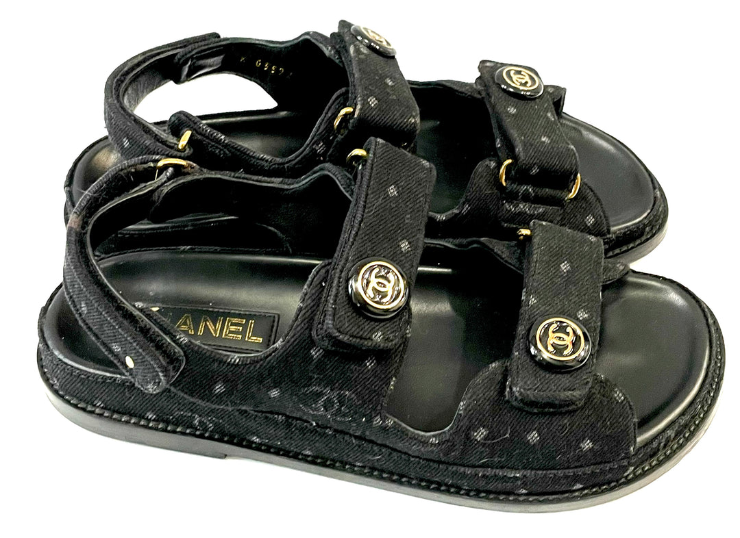 CHANEL CC VELCRO PRINTED DENIM SANDALS