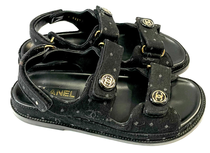 CHANEL CC VELCRO PRINTED DENIM SANDALS