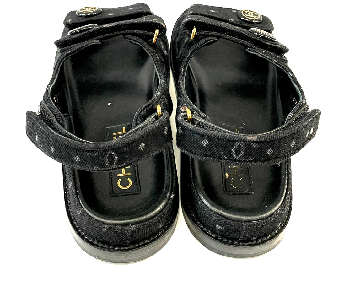 CHANEL CC VELCRO PRINTED DENIM SANDALS