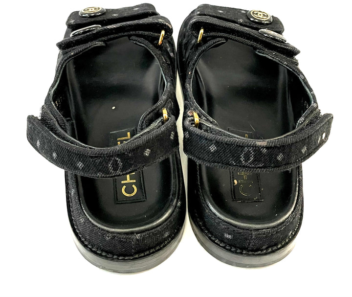 CHANEL CC VELCRO PRINTED DENIM SANDALS