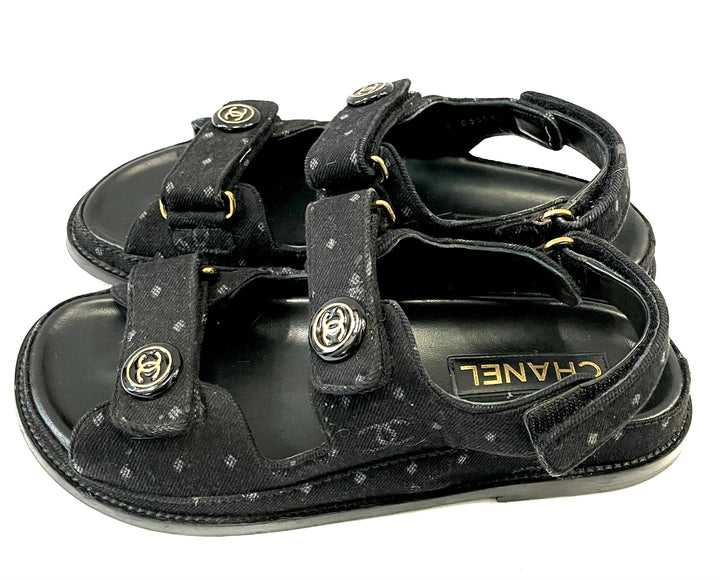 CHANEL CC VELCRO PRINTED DENIM SANDALS