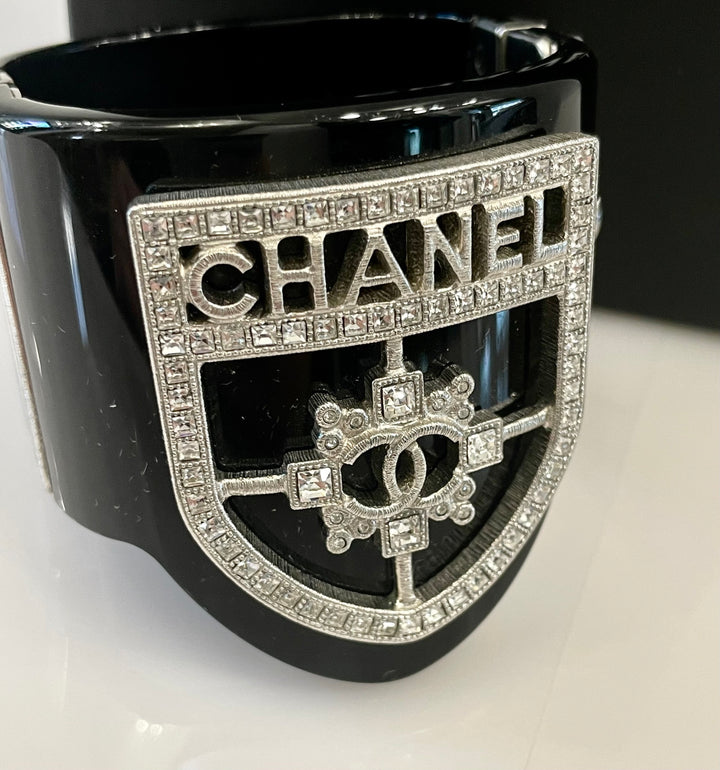 CHANEL RESIN SWAROVSKI BAGUETTE CRYSTAL CC CUFF BRACELET