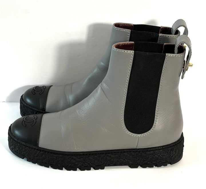 CHANEL CALFSKIN LEATHER CC LOGO CHELSEA BOOTS