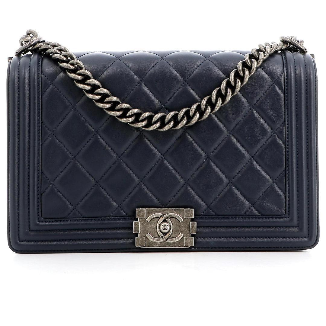 CHANEL CALFSKIN QUILTED LARGE BOY FLAP BAG IN NAVY