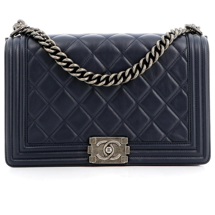 CHANEL CALFSKIN QUILTED LARGE BOY FLAP BAG IN NAVY