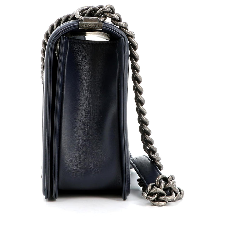 CHANEL CALFSKIN QUILTED LARGE BOY FLAP BAG IN NAVY