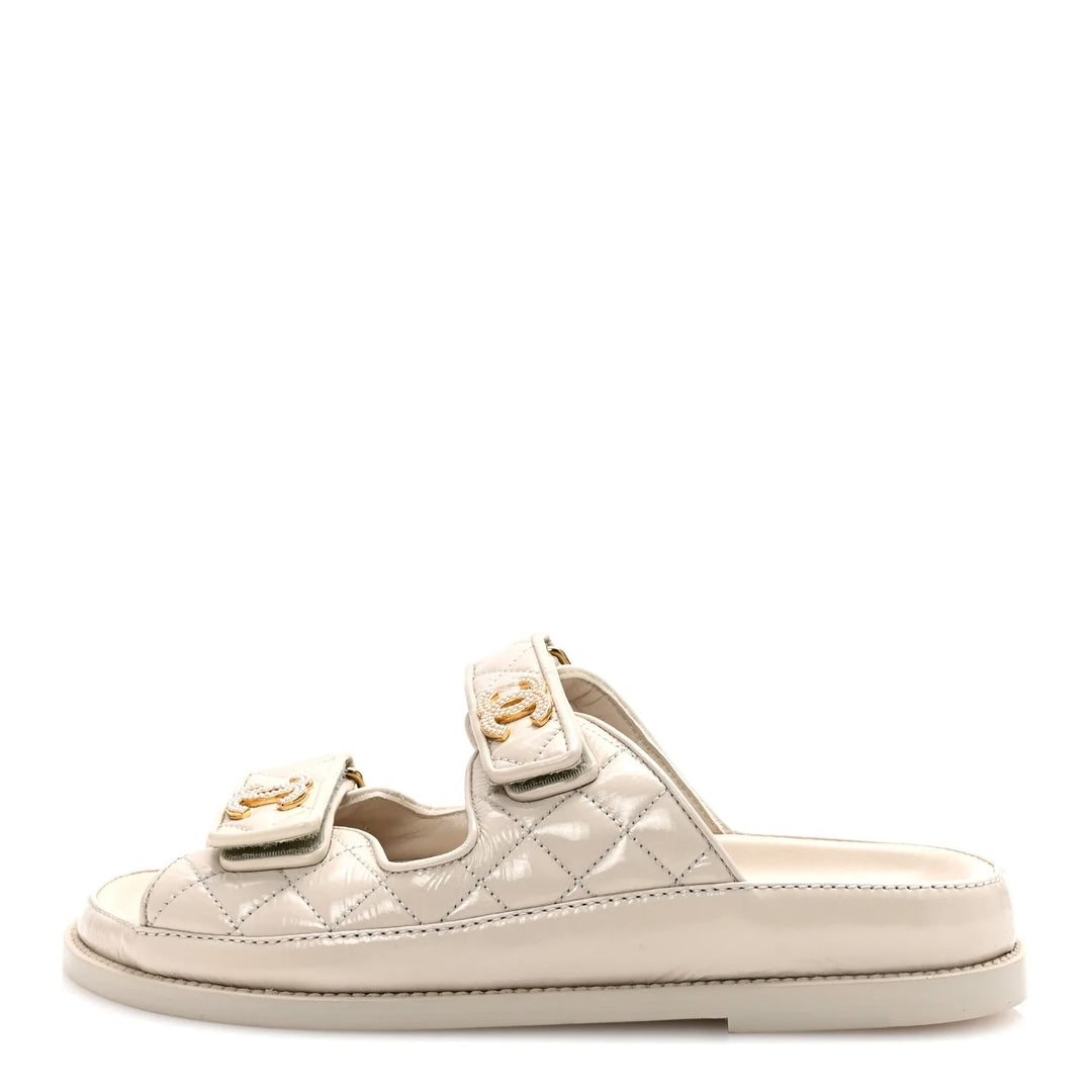 CHANEL QUILTED CALFSKIN PEARL &amp; CRYSTAL CC VELCRO DAD MULES