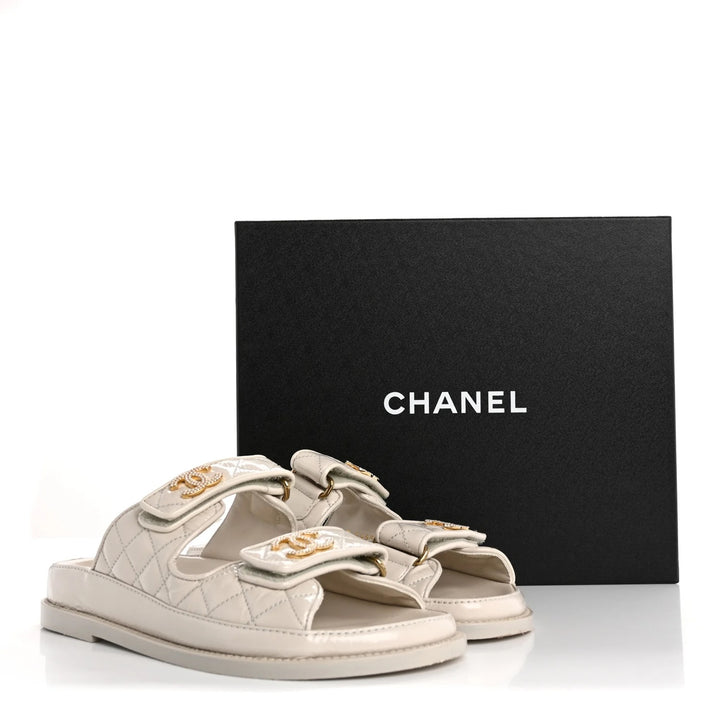 CHANEL QUILTED CALFSKIN PEARL &amp; CRYSTAL CC VELCRO DAD MULES