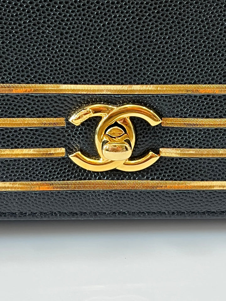 CHANEL MEDIUM CAPTAIN GOLD EMBROIDERED CAVIAR FLAP BAG