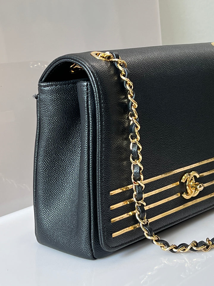 CHANEL MEDIUM CAPTAIN GOLD EMBROIDERED CAVIAR FLAP BAG
