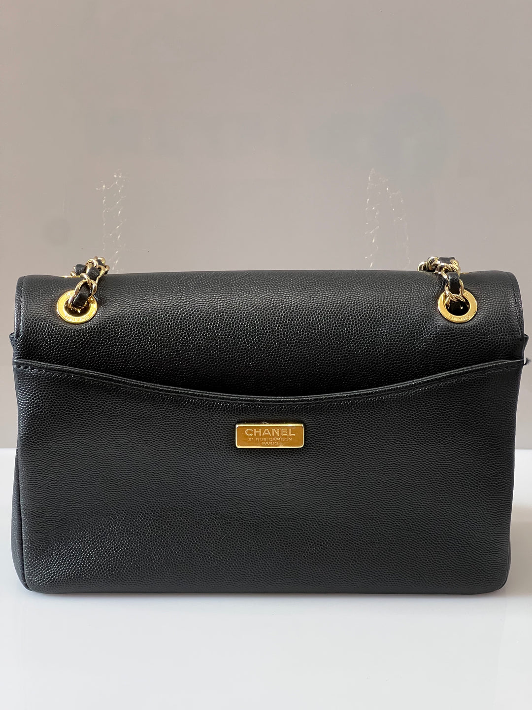 CHANEL MEDIUM CAPTAIN GOLD EMBROIDERED CAVIAR FLAP BAG