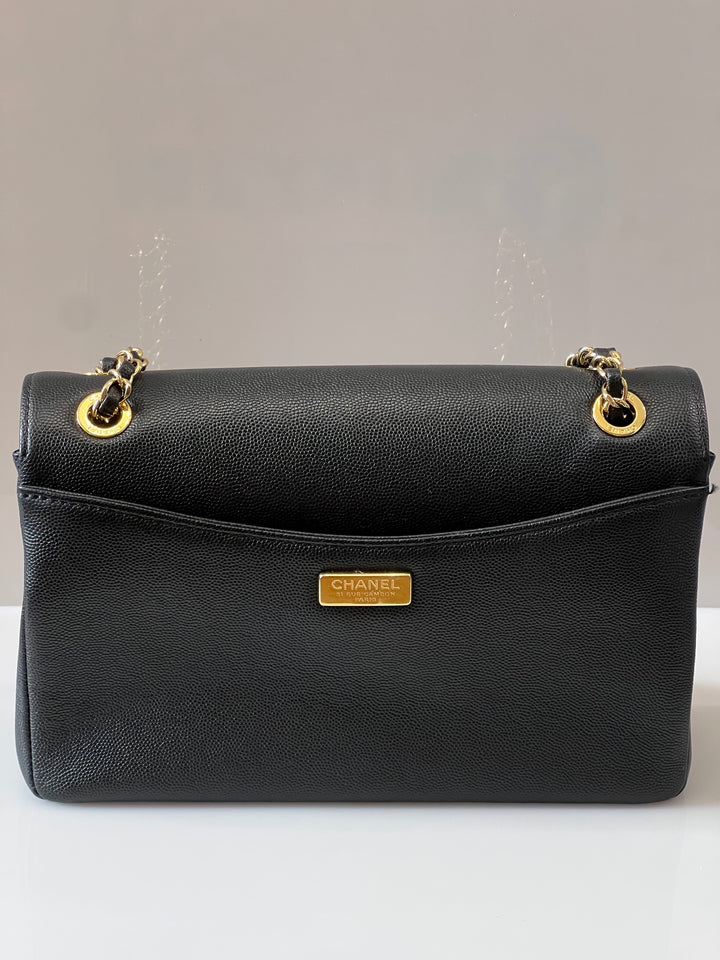 CHANEL MEDIUM CAPTAIN GOLD EMBROIDERED CAVIAR FLAP BAG