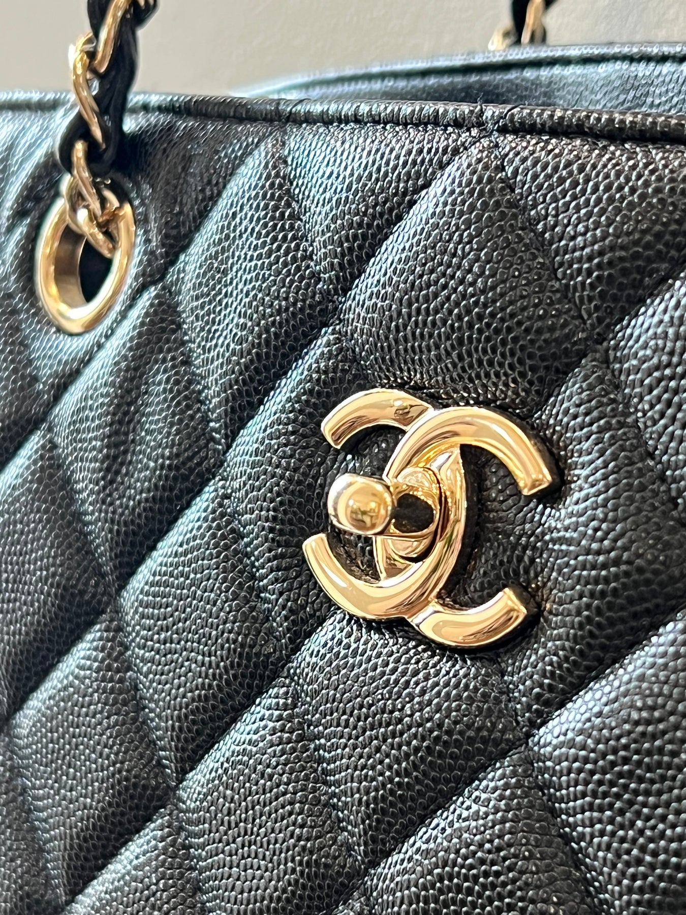 100% Authentic Chanel Caviar Leather Black Grand Shopping Tote Bag Gold  Chain