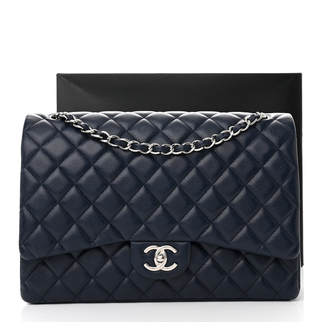 CHANEL CAVIAR QUILTED MAXI DOUBLE FLAP BAG IN NAVY