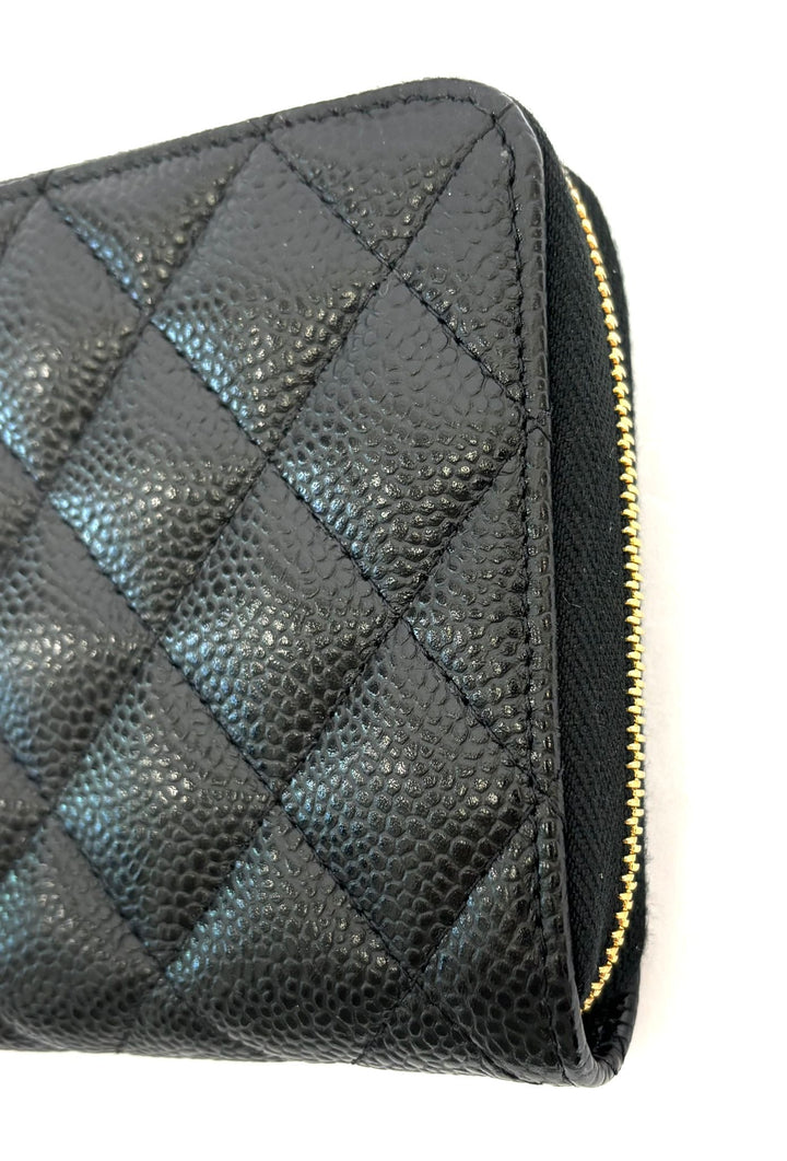 CHANEL QUILTED CAVIAR LARGE GUSSET ZIP AROUND WALLET