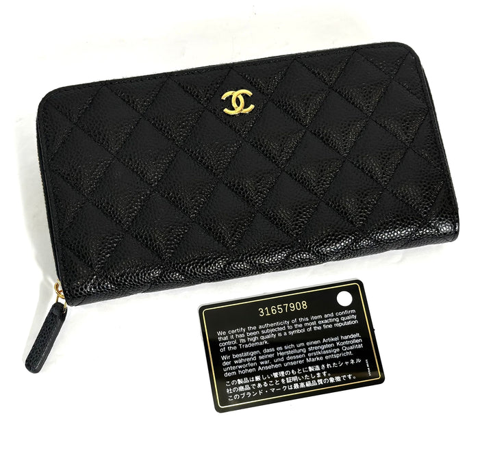 CHANEL QUILTED CAVIAR LARGE GUSSET ZIP AROUND WALLET
