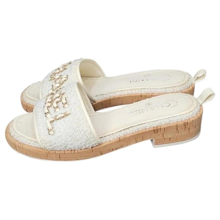 CHANEL CHAIN LINK CHA NEL TWEED CORK MULES